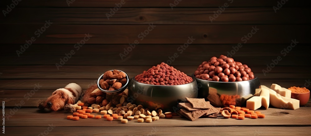 Poster Assortment of pet food with dog toy rope Copy space image Place for adding text or design