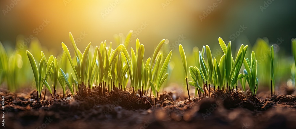 Poster Growing in field green wheat sprouts Field with rye sprouting at sunset Copy space image Place for adding text or design