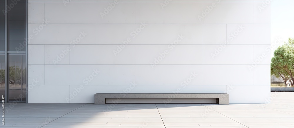 Aufkleber Minimal architecture featured in a 3D rendering of a contemporary building entrance with a prominent white wall Copy space image Place for adding text or design