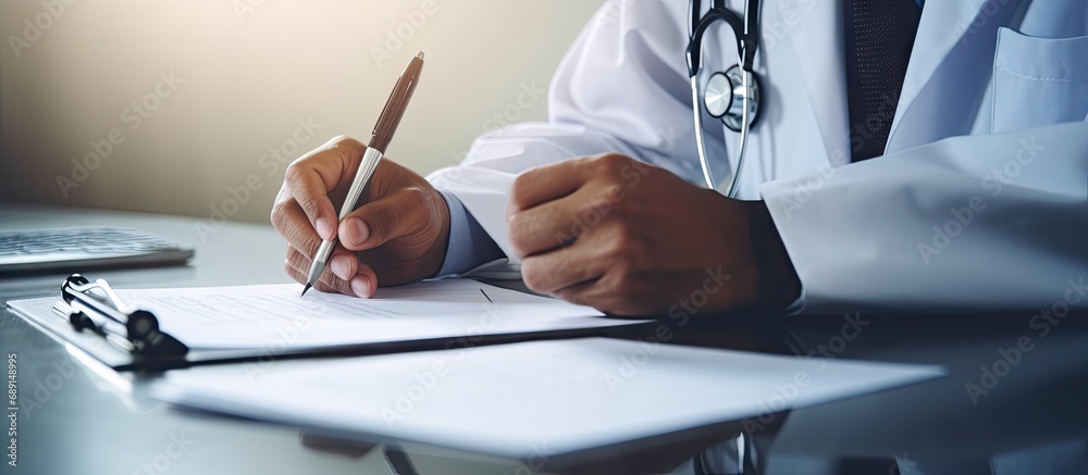 Poster medical professional at table prescribing medication for patient copy space image place for adding t