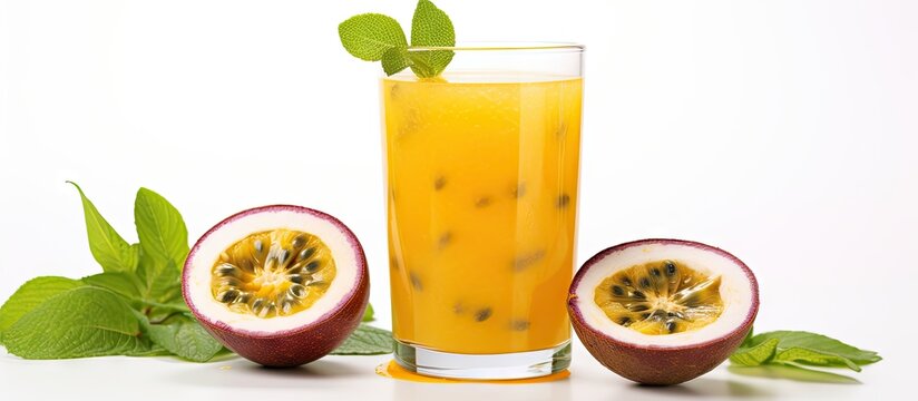 Passionfruit juice with fruit and leaf on white background Copy space image Place for adding text or design