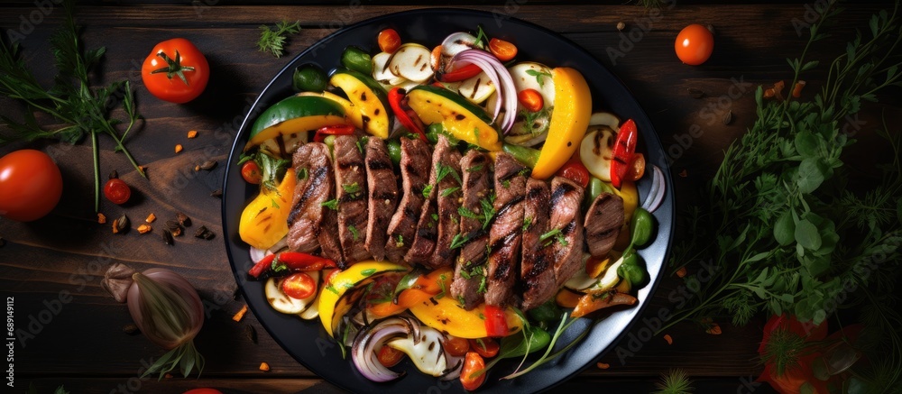 Aufkleber Grilled meat and vegetable salad with zucchini peaches green onions and peppers Overhead view on tiled background Copy space image Place for adding text or design