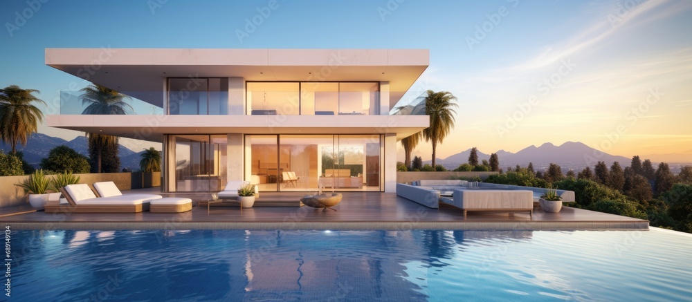 Poster contemporary poolside villa with outdoor scenery copy space image place for adding text or design