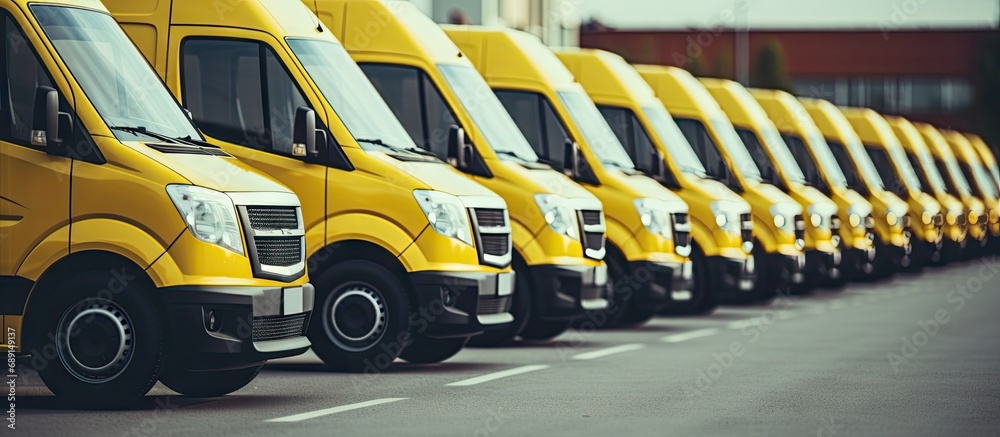 Poster commercial delivery vans lined up at a transport company copy space image place for adding text or d