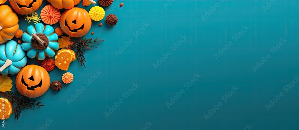 Aufkleber halloween themed sweets in a pumpkin pot on blue background greeting card mock up for a halloween pa