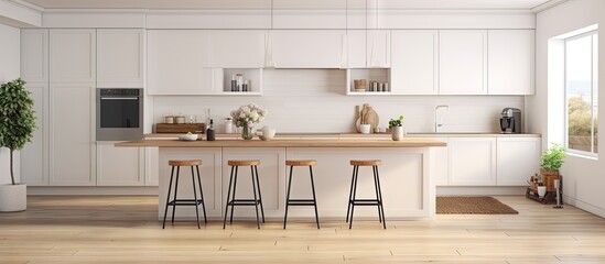 Fototapeta na wymiar Modern bright kitchen in a new house featuring white furniture and a bar with wooden floors and accents Copy space image Place for adding text or design