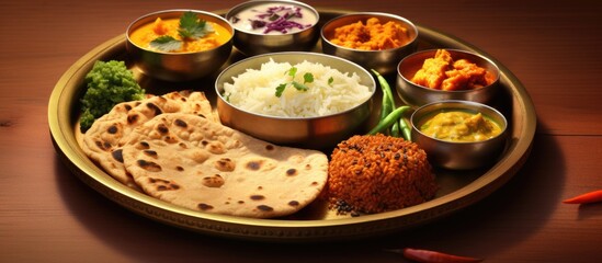 Indian vegetarian food platter with paneer dal chole kofta gulab jamun aloo gobi chapati and rice Bengali sweet Copy space image Place for adding text or design - obrazy, fototapety, plakaty
