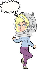 cartoon woman wearing space helmet with speech bubble