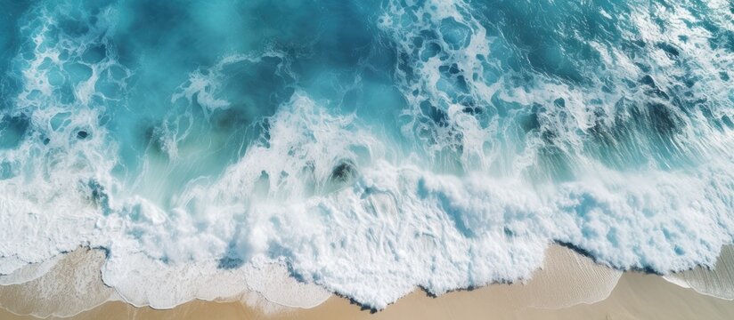 Ocean Beach drone video captures waves with rocks and foam Copy space image Place for adding text or design