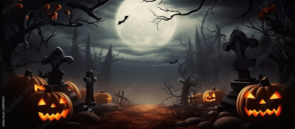 Poster Halloween themed backdrop with eerie graveyard bare trees graves bats and space for text Copy space image Place for adding text or design