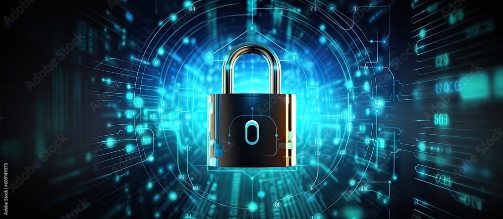 Poster Lock on digital background Protection system for technology security Copy space image Place for adding text or design