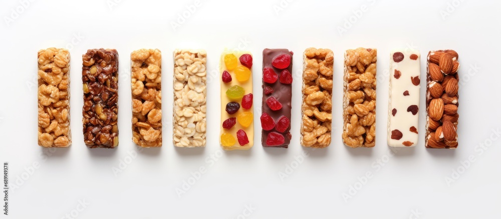 Leinwandbilder Granola bar used creatively in a flat lay on a white background conveying a food concept Copy space image Place for adding text or design