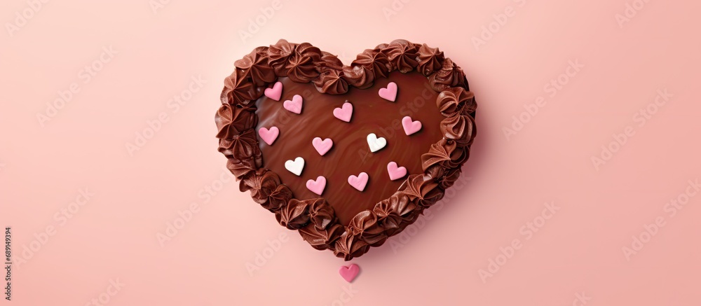 Poster Heart shaped chocolate cake with cream on pink background viewed from the top on Valentine s Day Copy space image Place for adding text or design