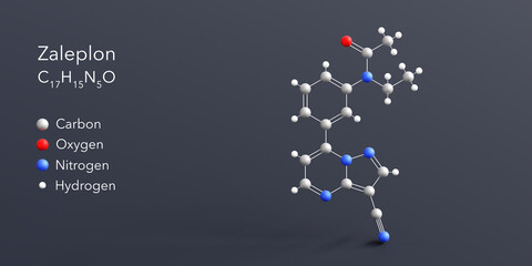 zaleplon molecule 3d rendering, flat molecular structure with chemical formula and atoms color coding
