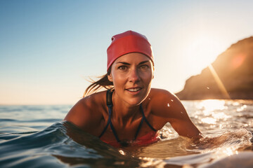 Focused woman triathlete swimming in sunny day - obrazy, fototapety, plakaty