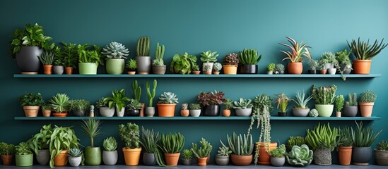 Fototapeta premium Contemporary home gardens feature diverse plant life in attractive pots with stylish interior design and green wall panels Copy space image Place for adding text or design