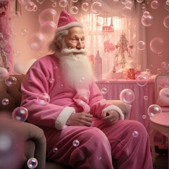 Obraz na płótnie Canvas Portrait of Santa Claus sitting in his living room with soap bubbles.