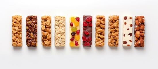 Granola bar used creatively in a flat lay on a white background conveying a food concept Copy space image Place for adding text or design