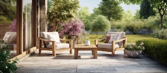 Chic outdoor furniture in the gorgeous garden Copy space image Place for adding text or design - obrazy, fototapety, plakaty