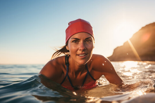 Focused woman triathlete swimming in sunny day