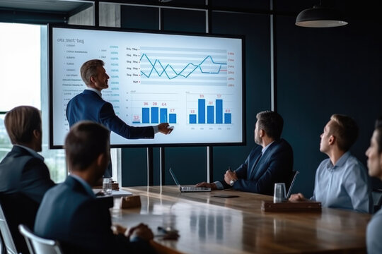 businessman ceo executive manager showing to colleagues team income revenue data figures planning on big screen in modern office