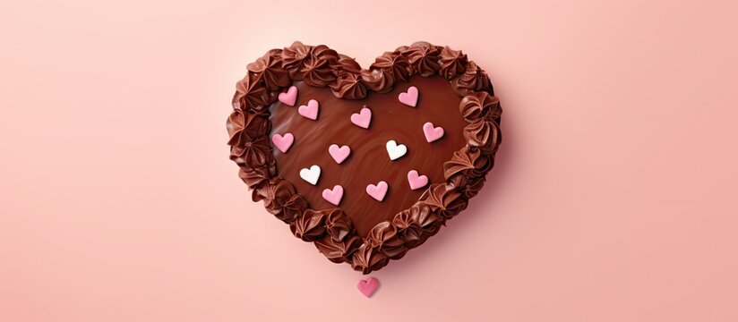 Heart shaped chocolate cake with cream on pink background viewed from the top on Valentine s Day Copy space image Place for adding text or design