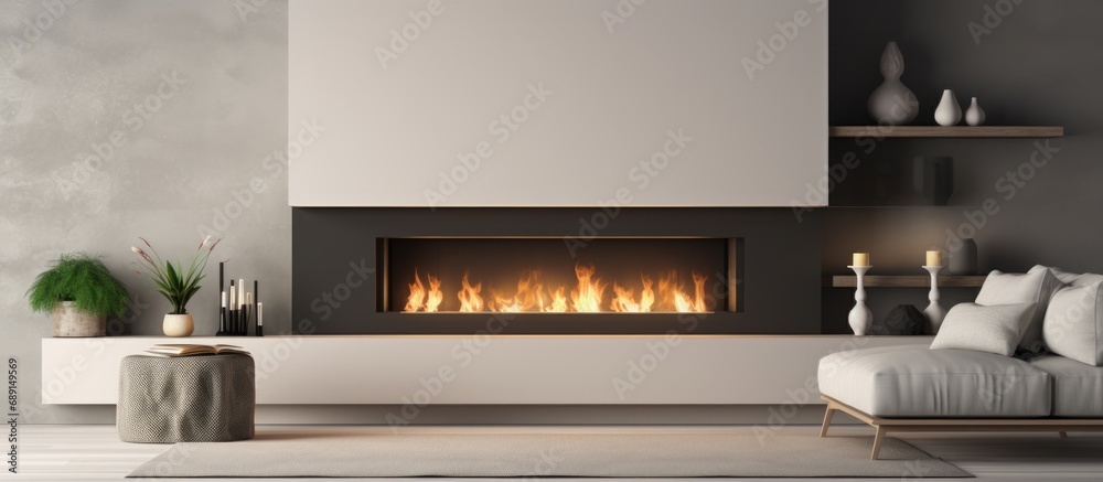 Aufkleber Modern living room with 3D rendered fireplace Copy space image Place for adding text or design