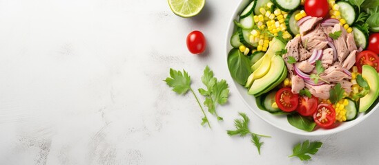 Healthy ketogenic dish Avocado and tuna salad with fresh vegetables Copy space image Place for adding text or design - obrazy, fototapety, plakaty