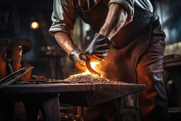 Close-up working powerful hands of male blacksmith forge an iron product in a blacksmith - obrazy, fototapety, plakaty