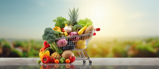 Loaded grocery cart with fresh produce organic health food concept Copy space image Place for...