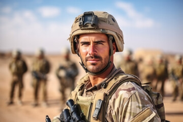 portrait of a male soldier in military uniform with a helmet against the background other soldiers standing in the background - obrazy, fototapety, plakaty