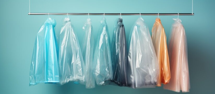 Laundry hanging on hangers in plastic bags up close Copy space image Place for adding text or design