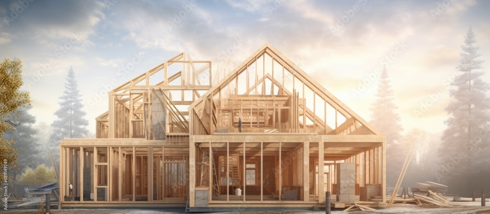 Poster Building wooden houses in a quaint area with trees Copy space image Place for adding text or design