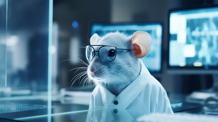 Dr. Mouse wears glasses and a white blouse in a laboratory with computer screens. Innovative AI.