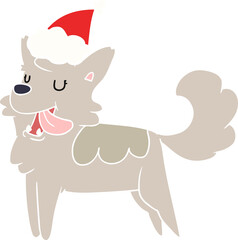 hand drawn flat color illustration of a happy dog wearing santa hat