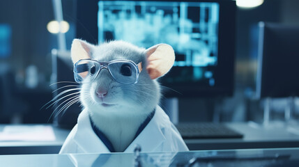 Dr. Mouse wears glasses and a white blouse in a laboratory with computer screens. Innovative AI.