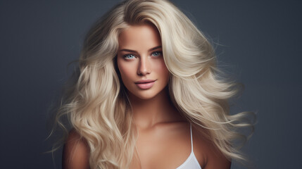 Fototapeta premium Beauty fashion portrait of young woman, waving blonde hairstyle, confident look, studio shot. AI generated