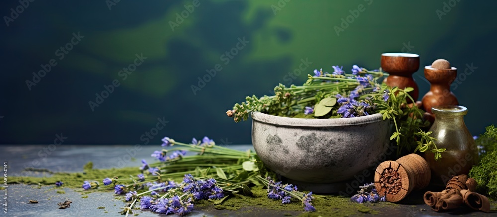 Poster alternative medicine idea assorting therapeutic plants copy space image place for adding text or des
