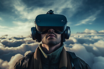 Youngster watching 3d object in virtual world fun cheerful vr glasses goggles generative ai