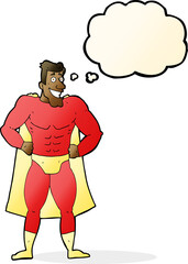 cartoon superhero with thought bubble