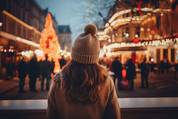a woman standing in front of a christmas tree, city lights bokeh, knitted hat, shot from the back,