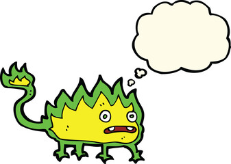 cartoon little fire demon with thought bubble