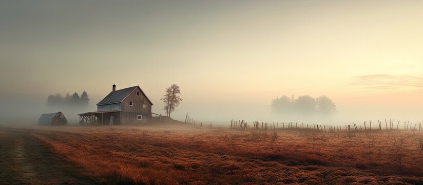 Morning fog on farm Copy space image Place for adding text or design