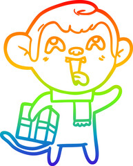 rainbow gradient line drawing of a crazy cartoon monkey with christmas present