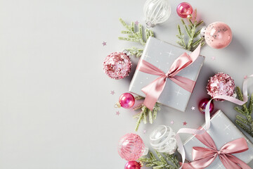 Christmas composition with gift boxes, fir branches, pink shiny balls ornaments on grey background. Flat lay, top view