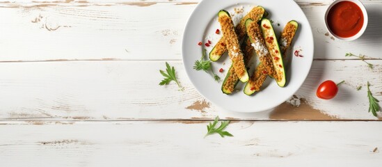 Panko breaded zucchini sticks with parmesan cheese spices on a white plate viewed from above on a wooden table with ketchup flat lay empty space Copy space image Place for adding text or design