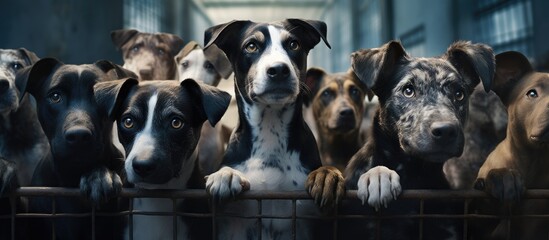 Overcrowded animal shelter with multiple dogs waiting to be rescued pleading for help Copy space image Place for adding text or design - obrazy, fototapety, plakaty