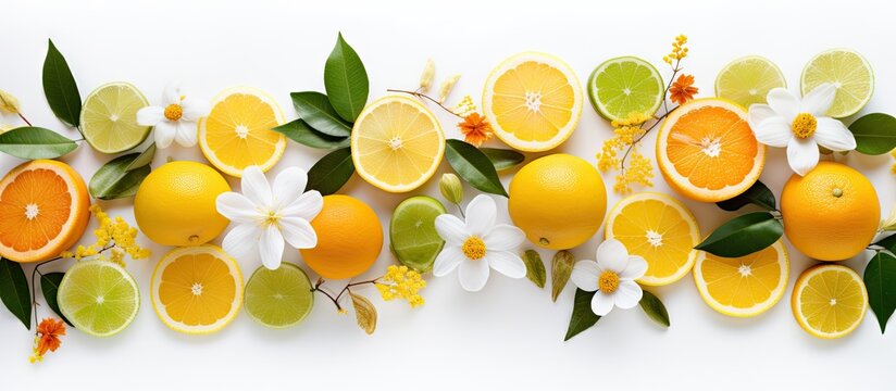 High quality photo of citrus fruits leaves and flowers arranged as a flat lay on a white background Copy space image Place for adding text or design