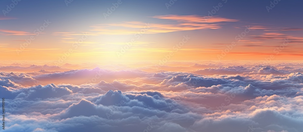 Poster Aircraft viewpoint above clouds displaying breathtaking sunset Copy space image Place for adding text or design