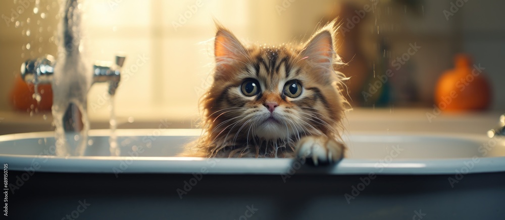 Poster Amusing feline bathing Copy space image Place for adding text or design